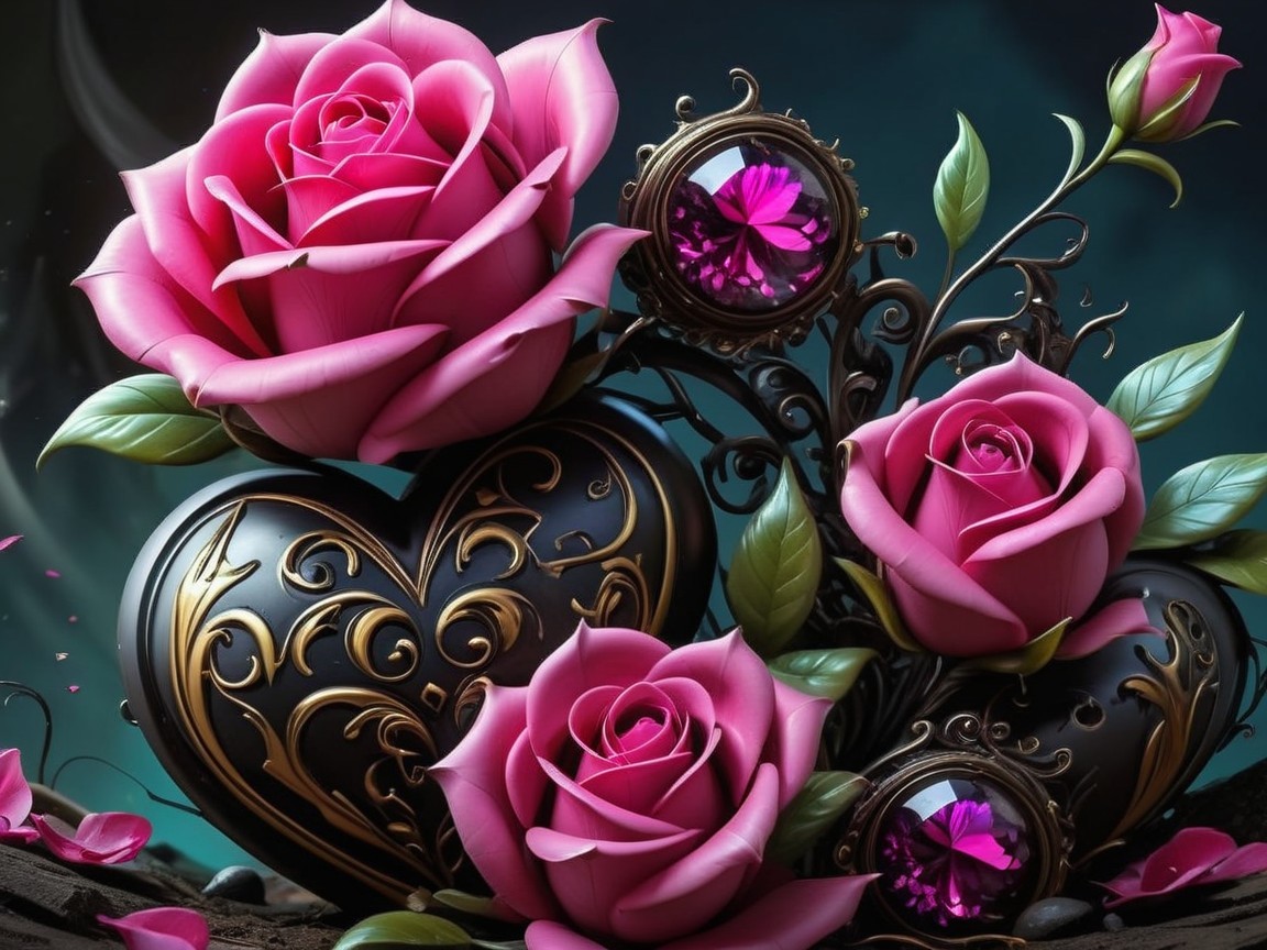Pink Roses with Black and Gold Filigree Design