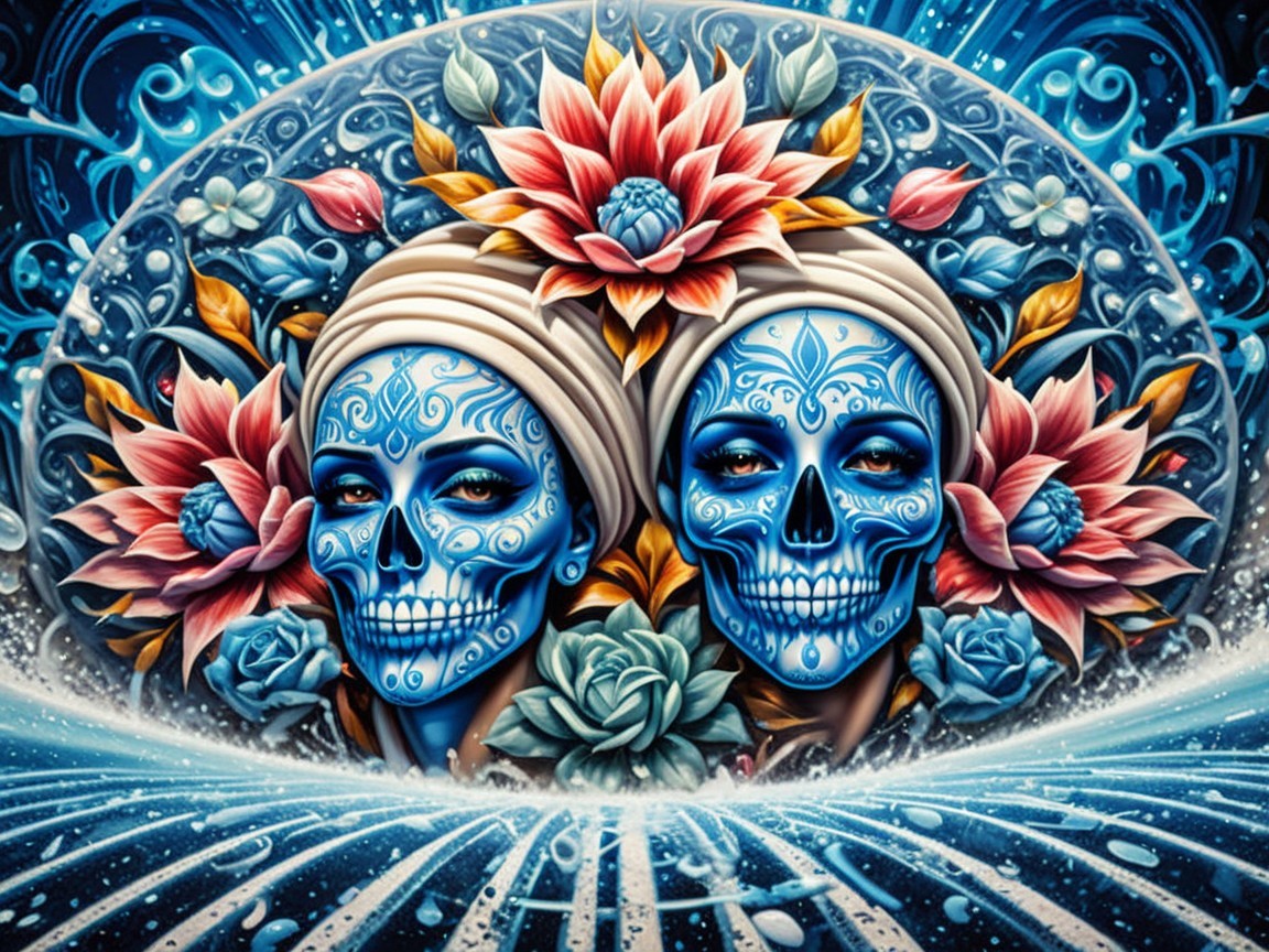 Blue Skull Artwork with Floral Patterns and Water Elements