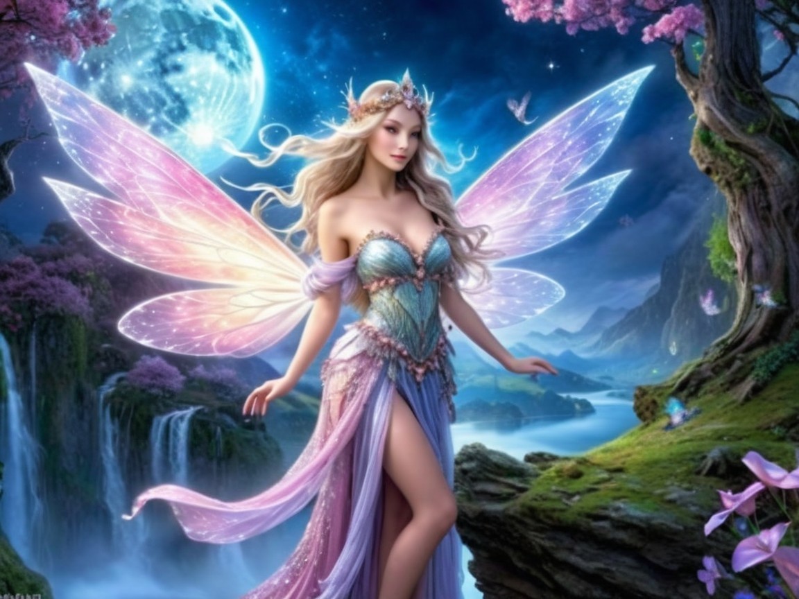 Fairy in Mystical Landscape with Iridescent Wings