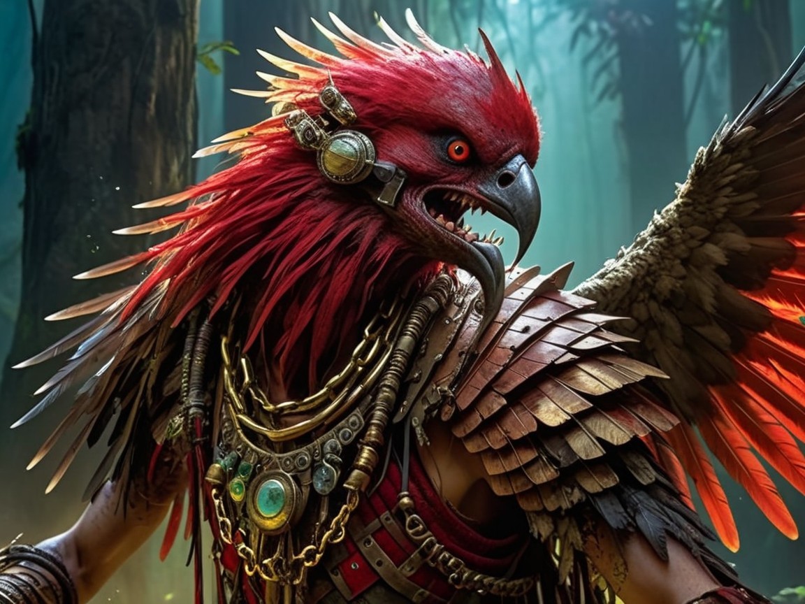 Anthropomorphic figure with bird head in mystical forest