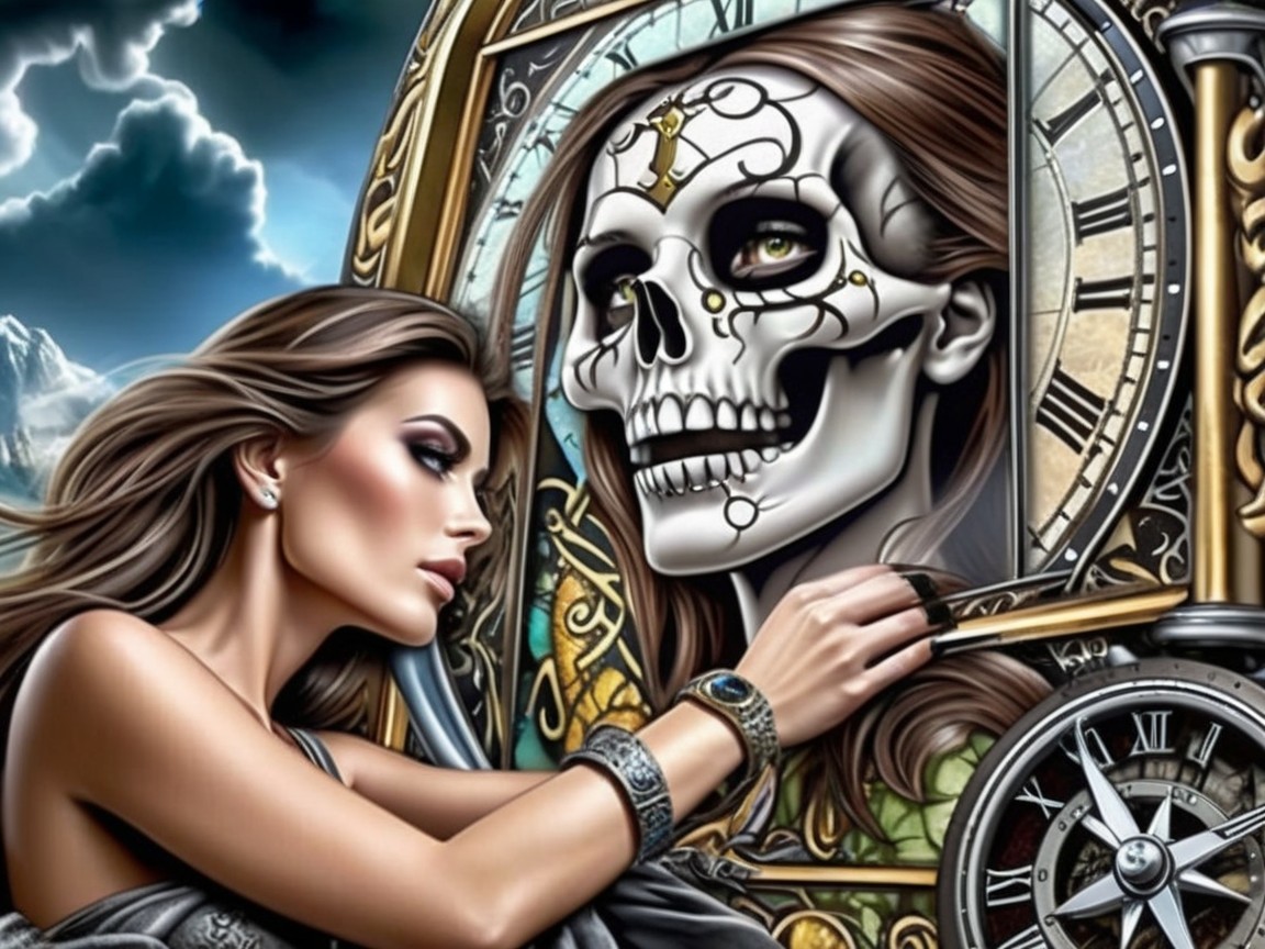 Woman Reflecting on Skull in Ornate Clock Art