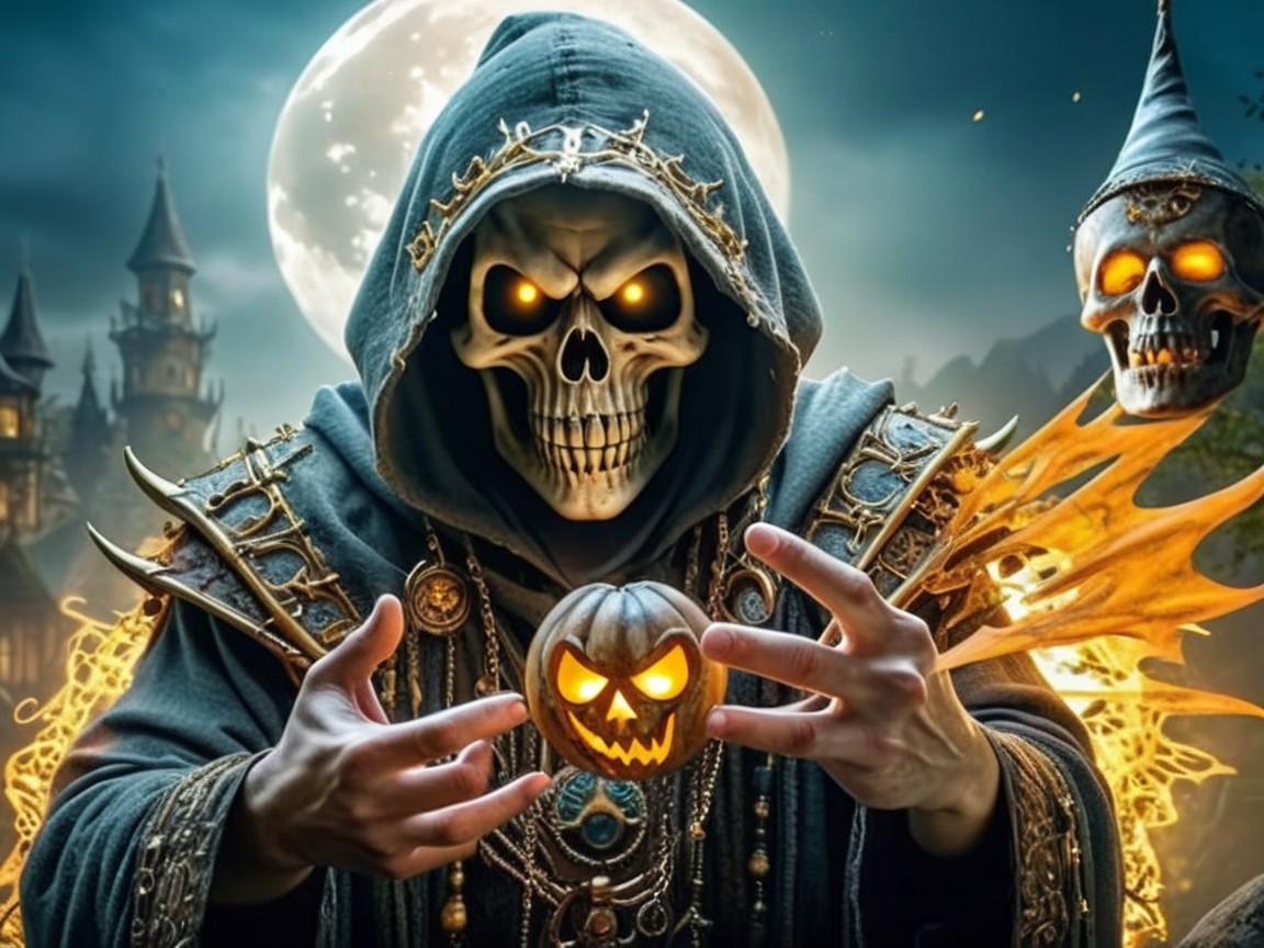 Cloaked Figure with Skull Face and Glowing Pumpkin