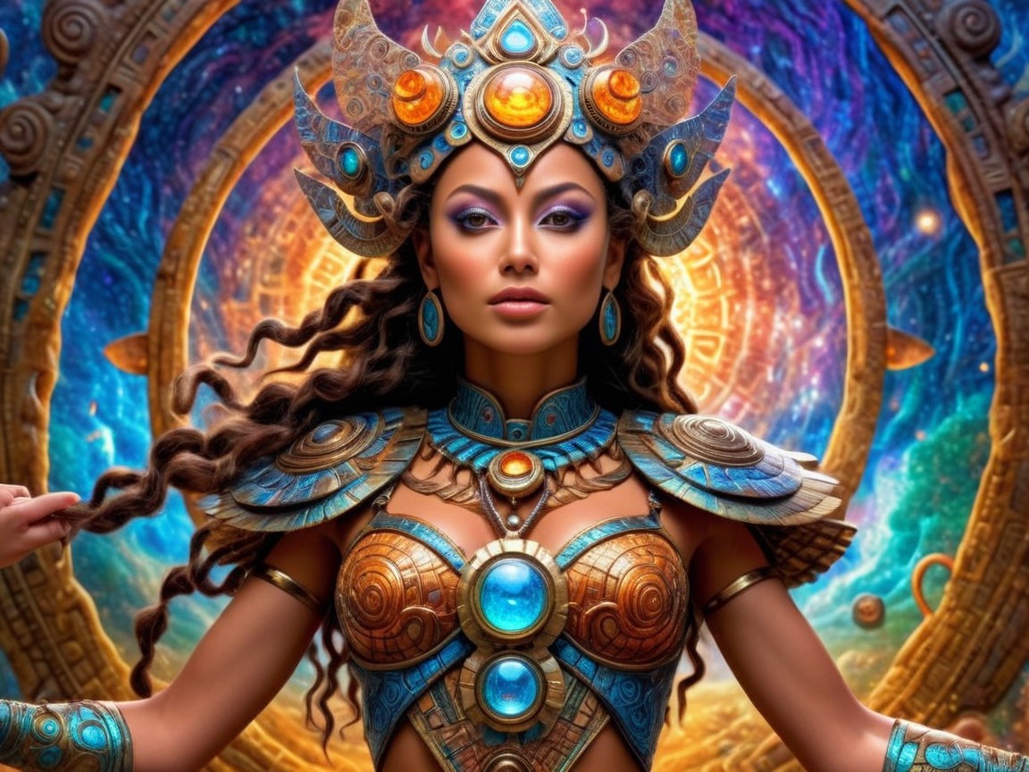 Majestic figure in metallic armor with cosmic backdrop
