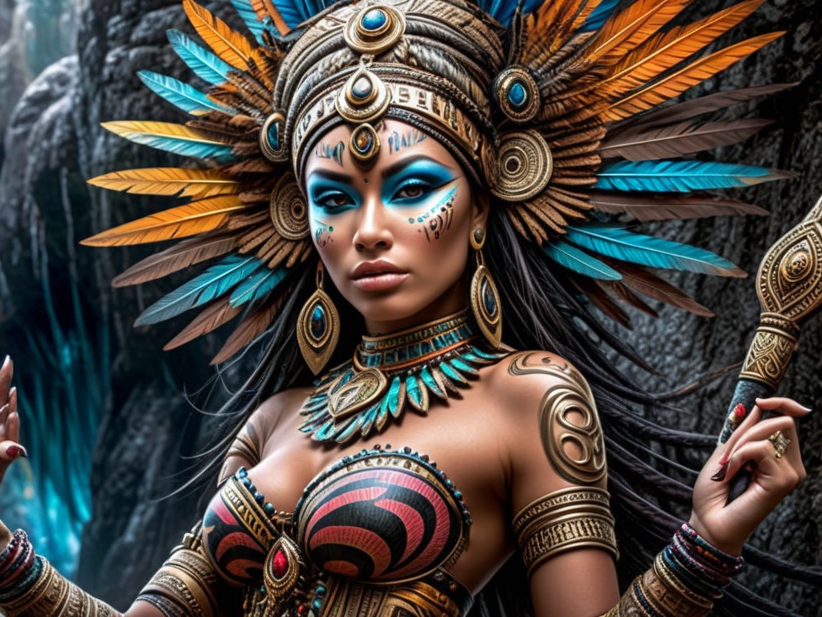 Tribal-Inspired Attire with Vibrant Feathers and Jewelry