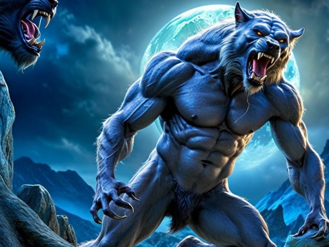 Werewolf Under Full Moon with Muscular Build and Fury