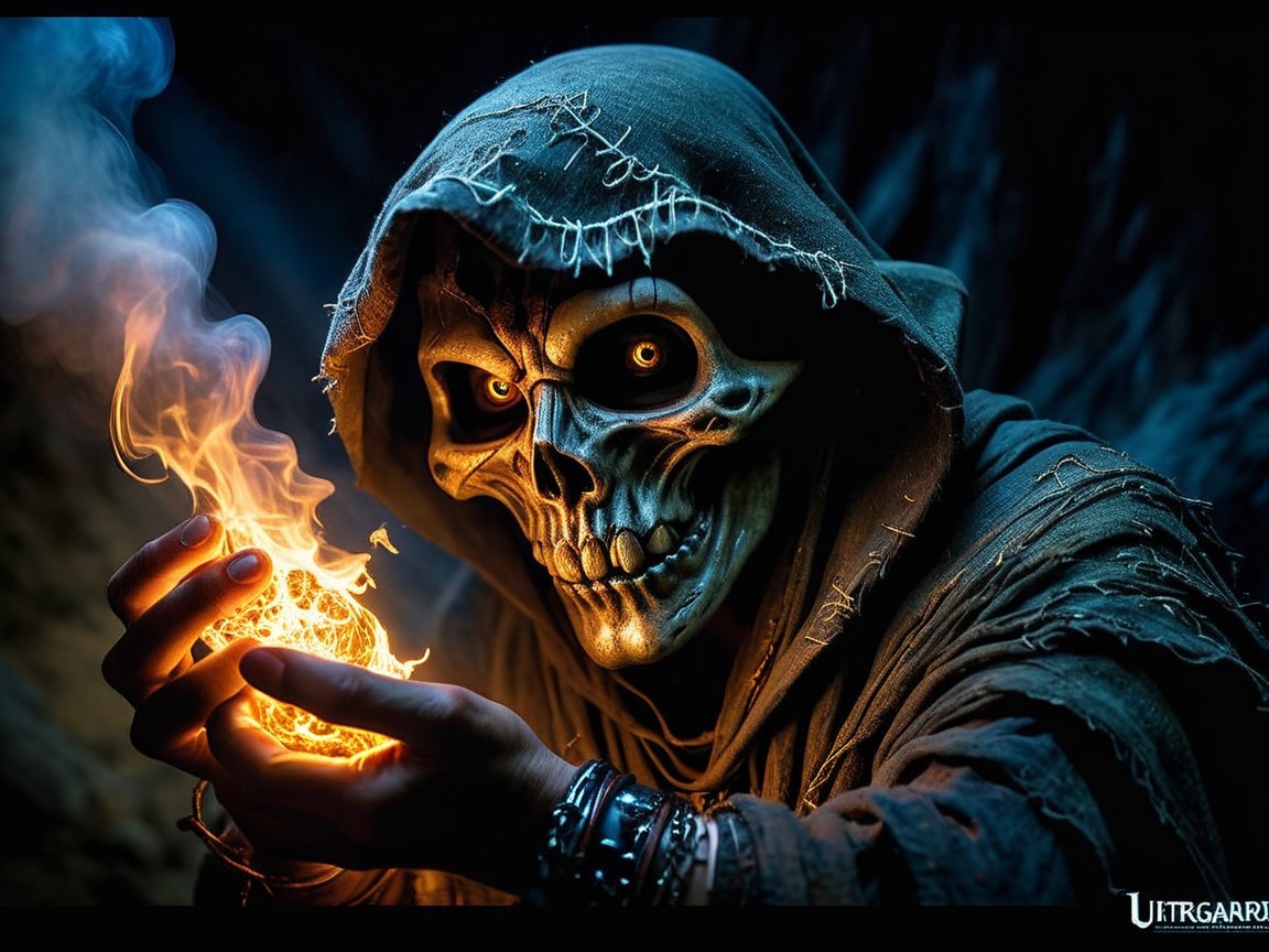 Cloaked Figure with Skull Face and Glowing Fire Orb