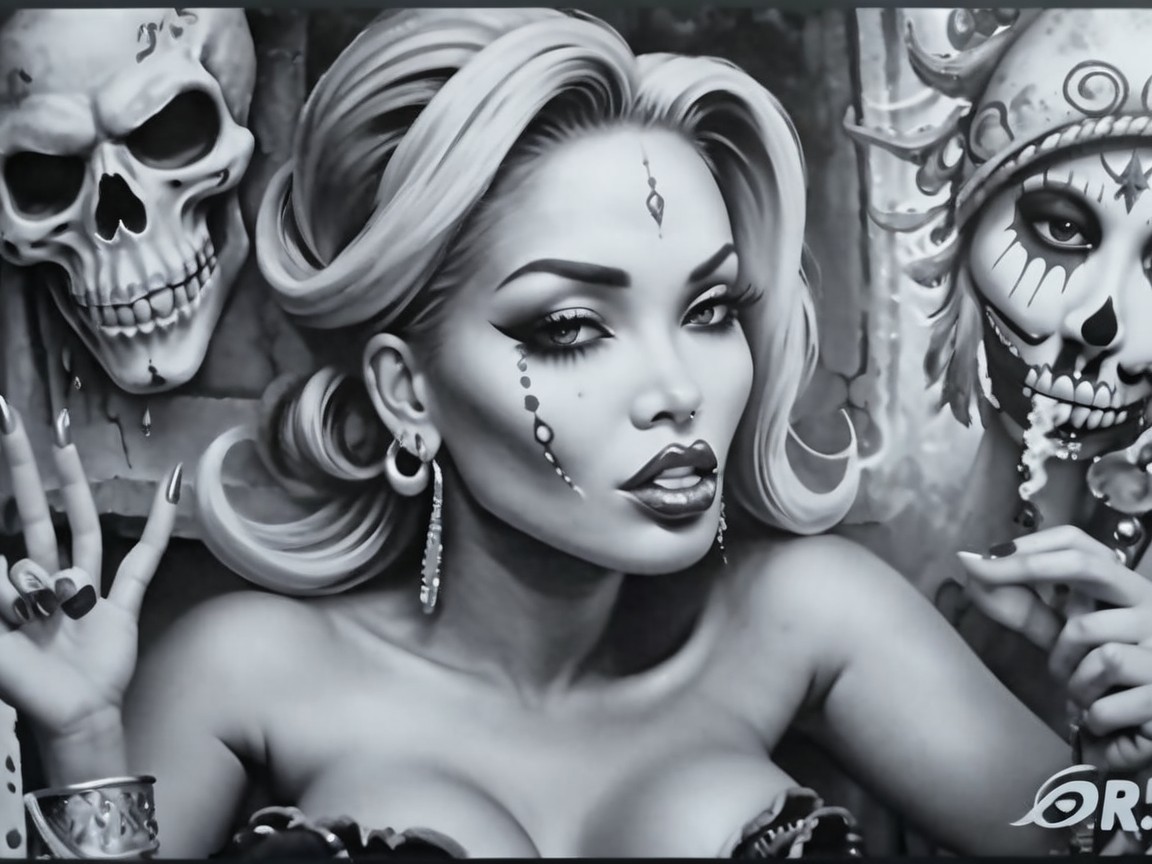 Black and White Portrait of Glamorous Woman with Skulls