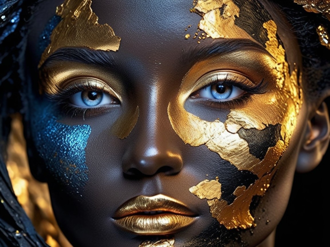 Portrait with Intricate Gold and Blue Face Paint