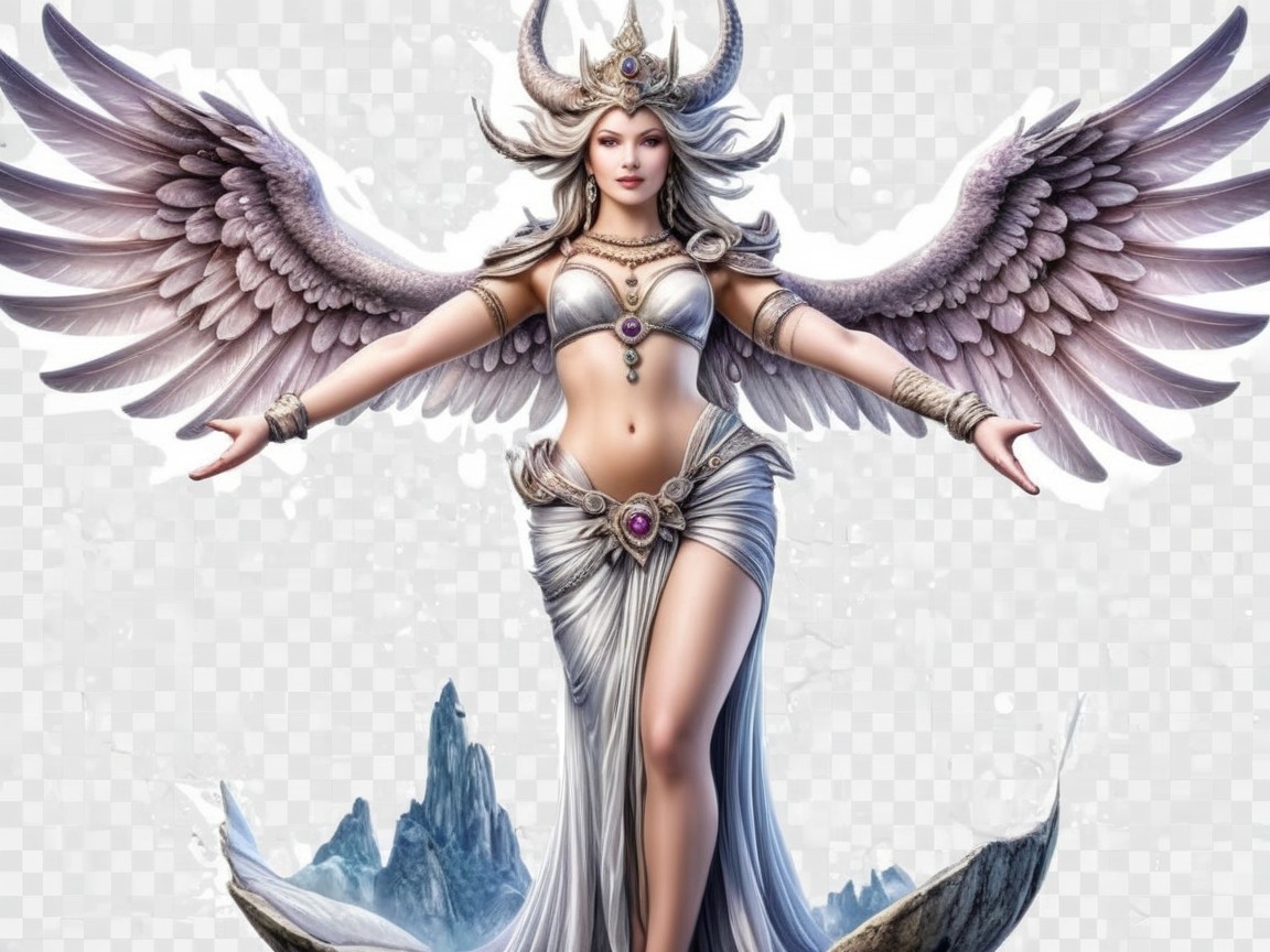 Majestic female figure with ethereal wings and gown