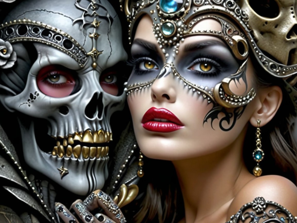 Glamorous Woman and Sinister Skull Contrast in Art