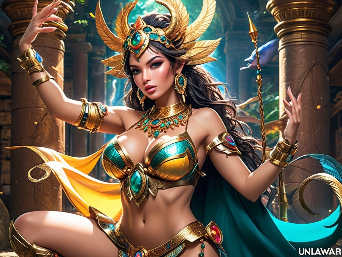 Ancient Goddess in Golden Armor with Turquoise Jewels