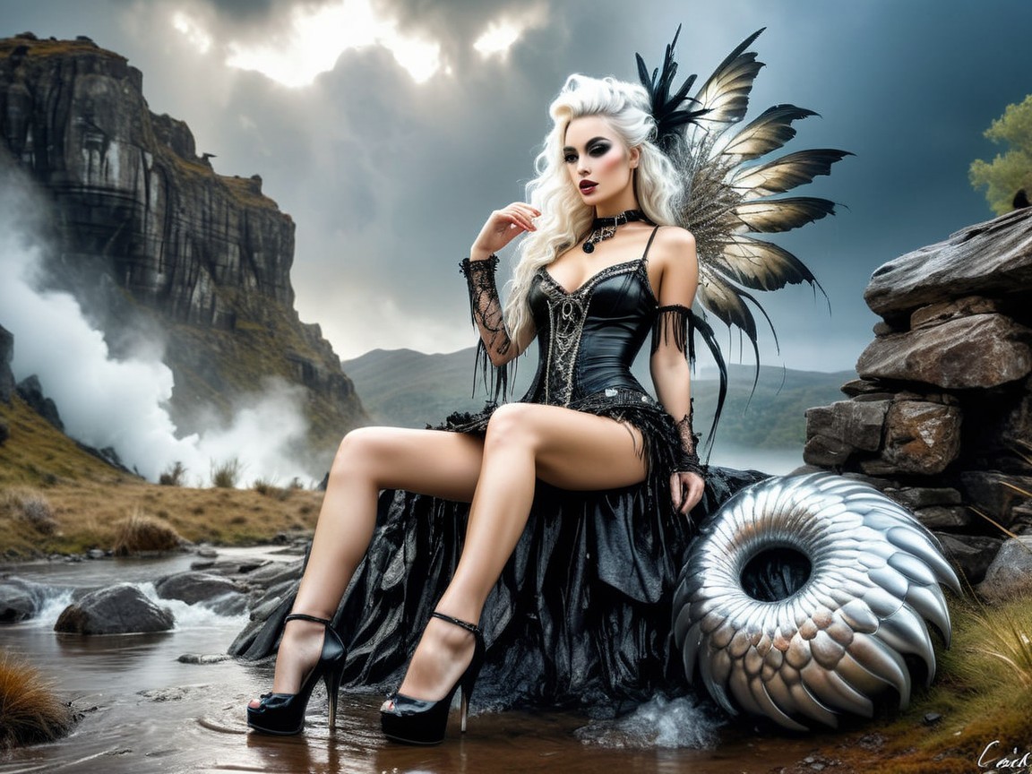 Elegant Figure by Rocky Waterway with Dramatic Landscape