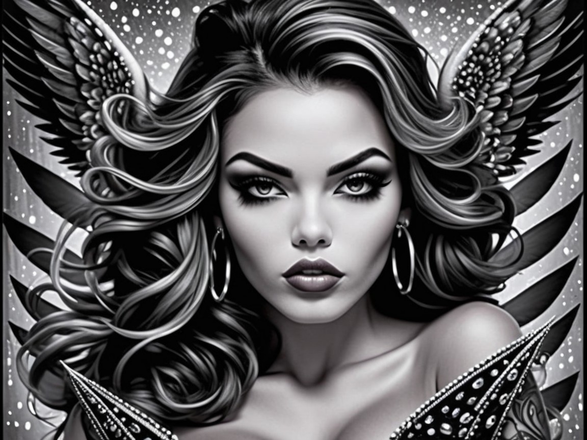 Black-and-white portrait of a woman with wings