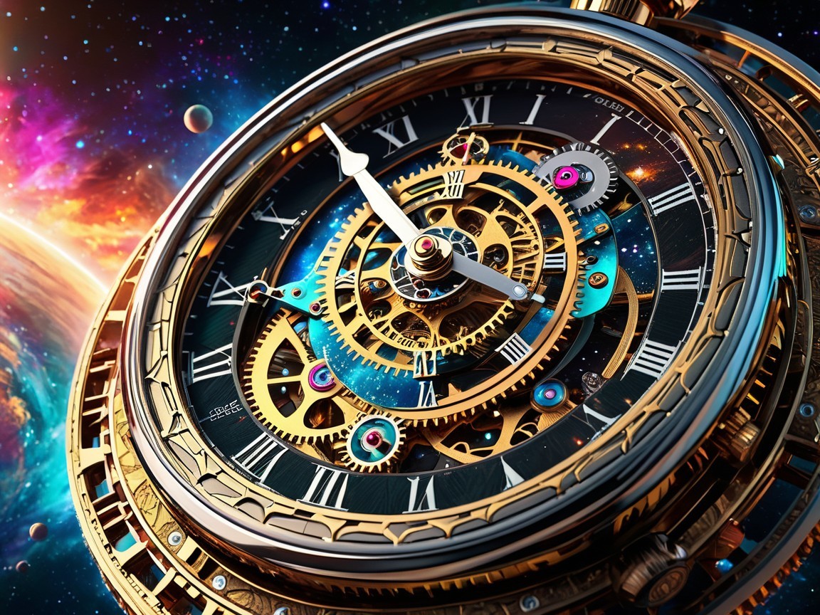 Antique Clockwork Mechanism Against Cosmic Background