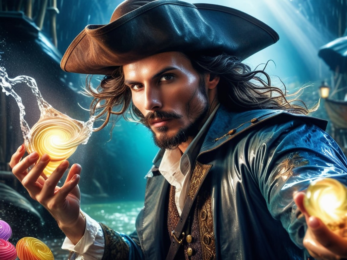 Charismatic pirate in a mystical, dimly lit setting