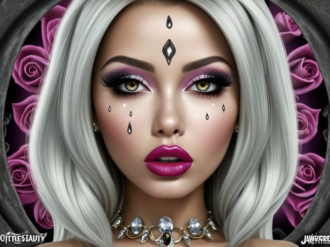 Portrait of a Woman with Silver Hair and Dramatic Makeup