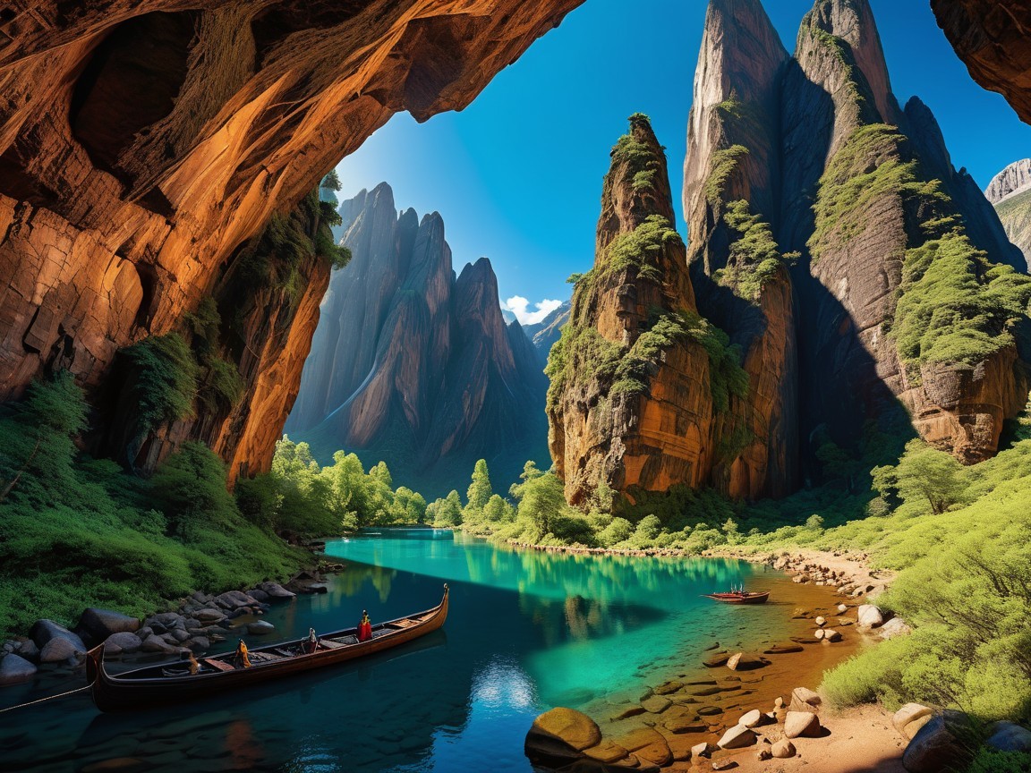 Serene Landscape with Rock Formations and River