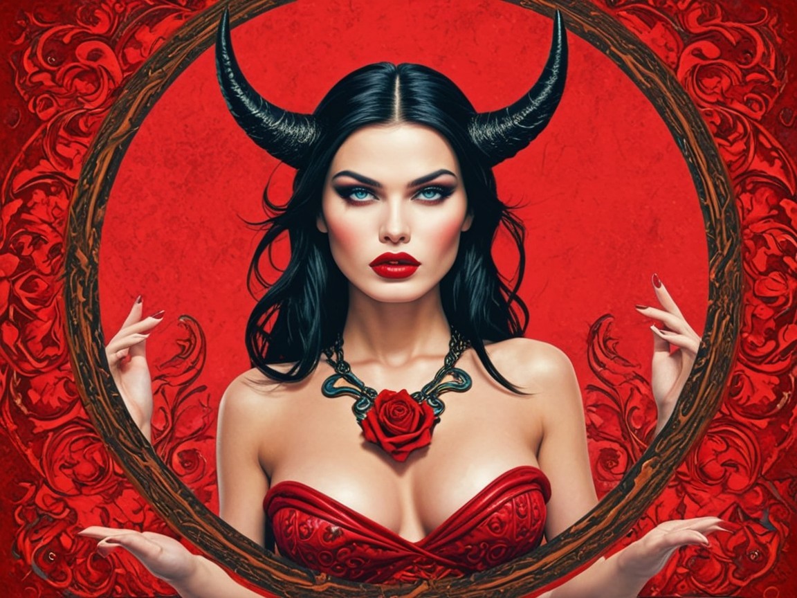 Mystical Woman with Horns in Dramatic Red Setting