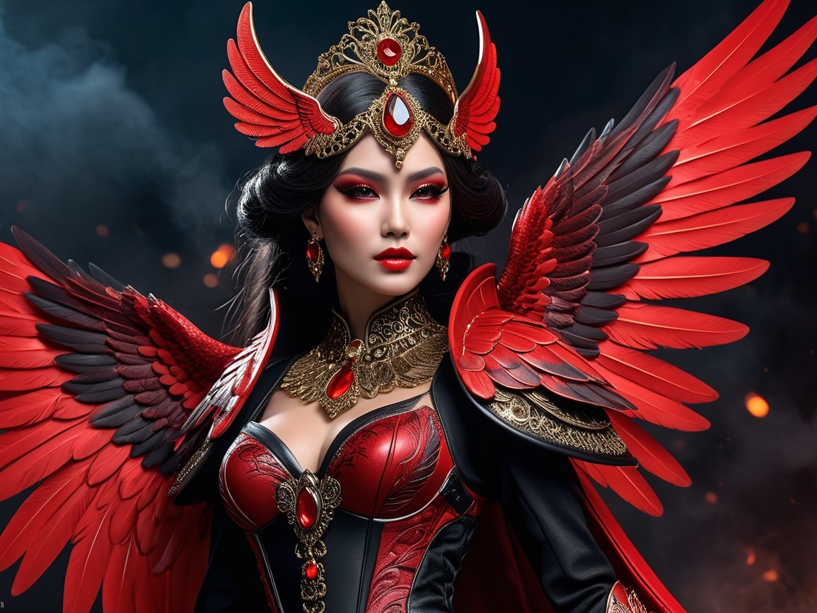 Elaborate Costume with Vibrant Red and Black Tones