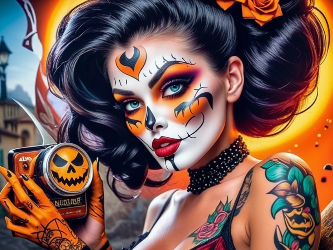 Day of the Dead Makeup with Halloween Camera Decor
