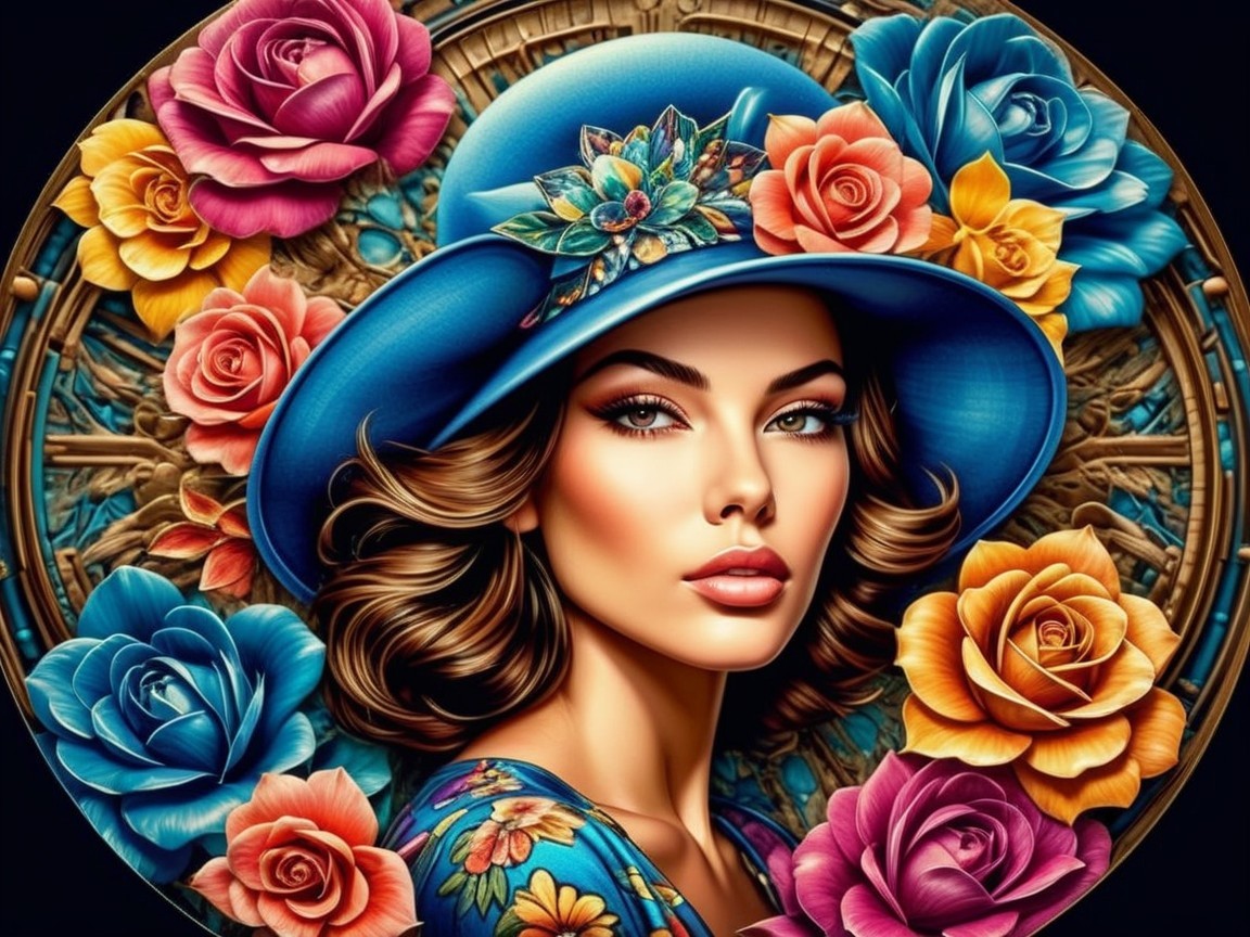 Woman in Blue Hat Surrounded by Colorful Flowers