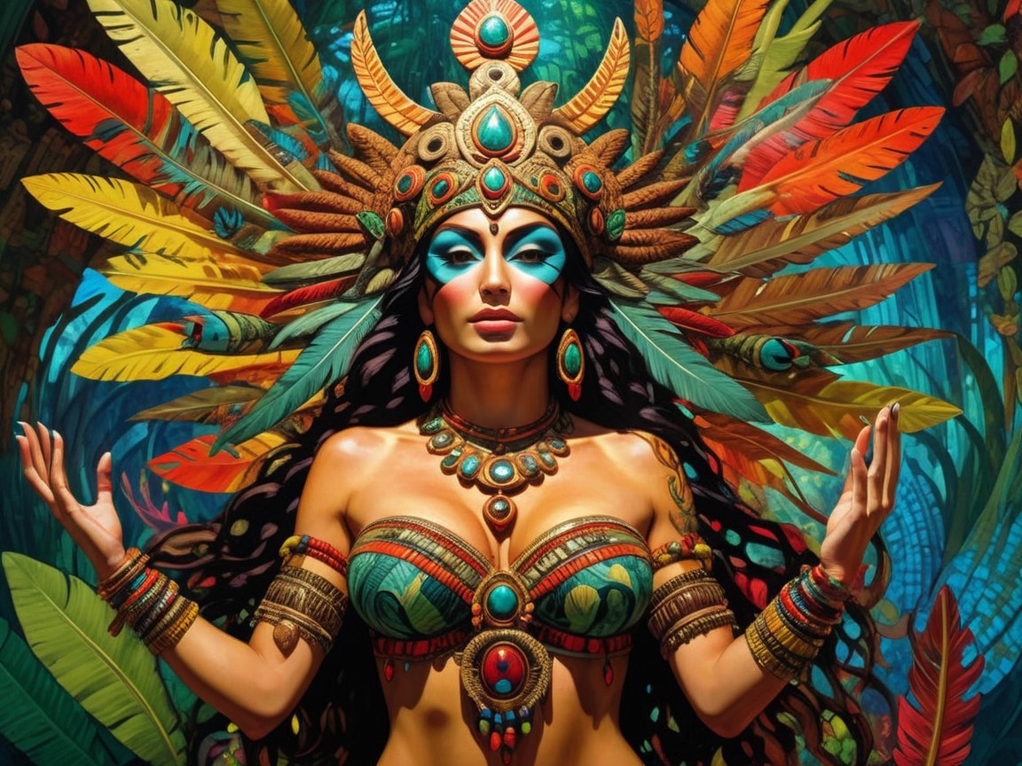Vibrant Figure in Tropical Foliage with Jewelry