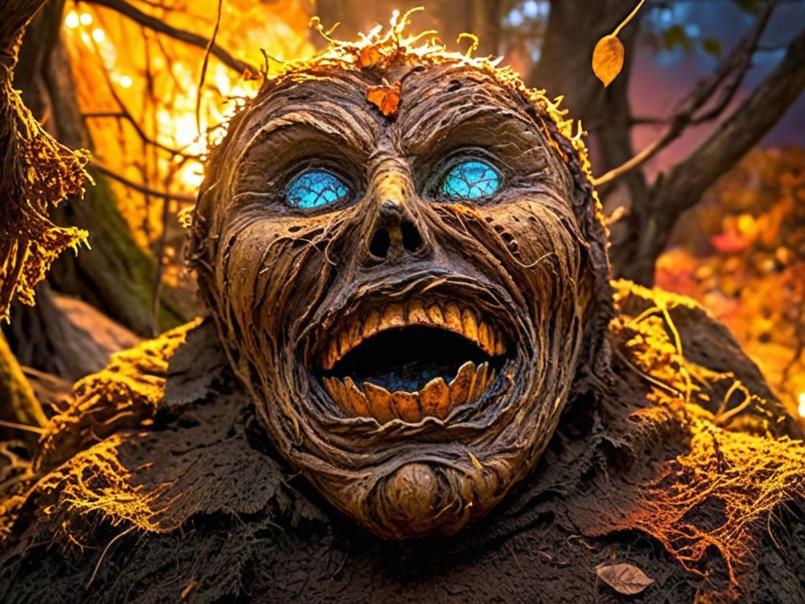 Gnarled face with glowing eyes in a woodland setting