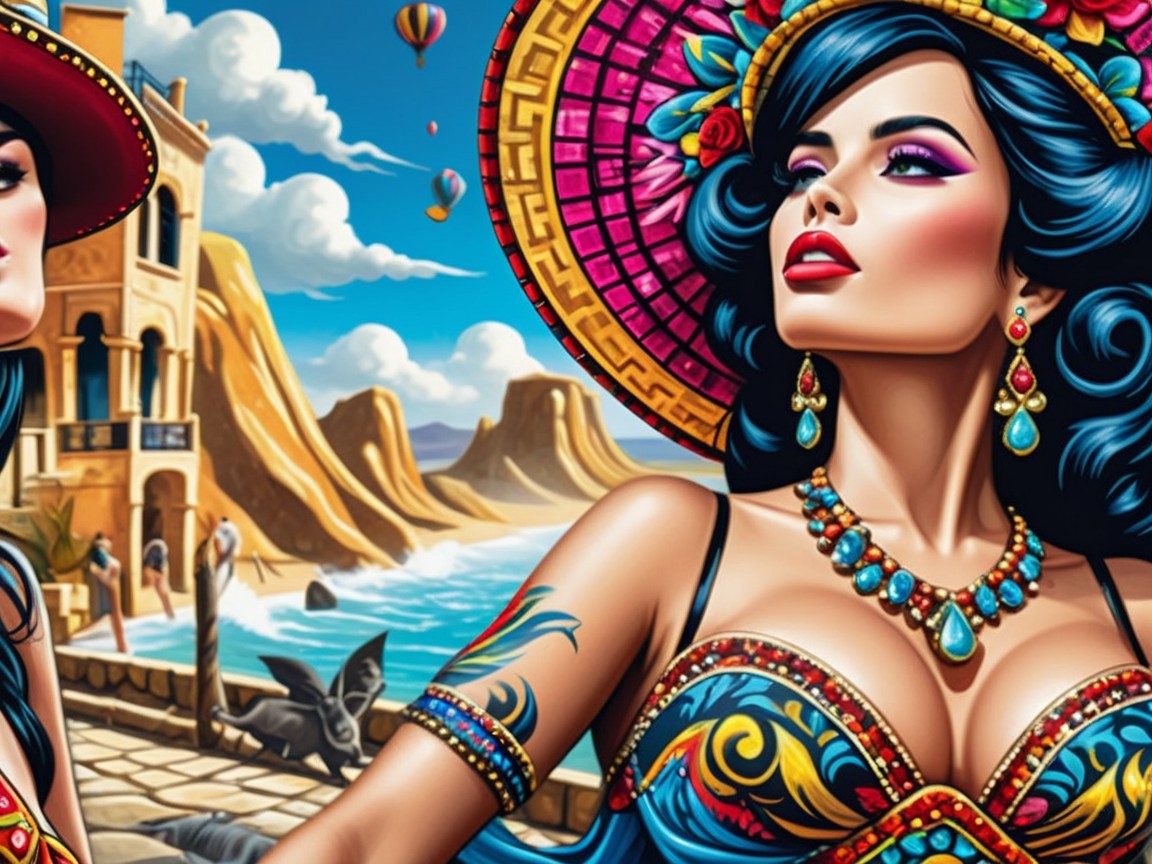 Stylized Women in Vibrant Traditional Attire at Coast