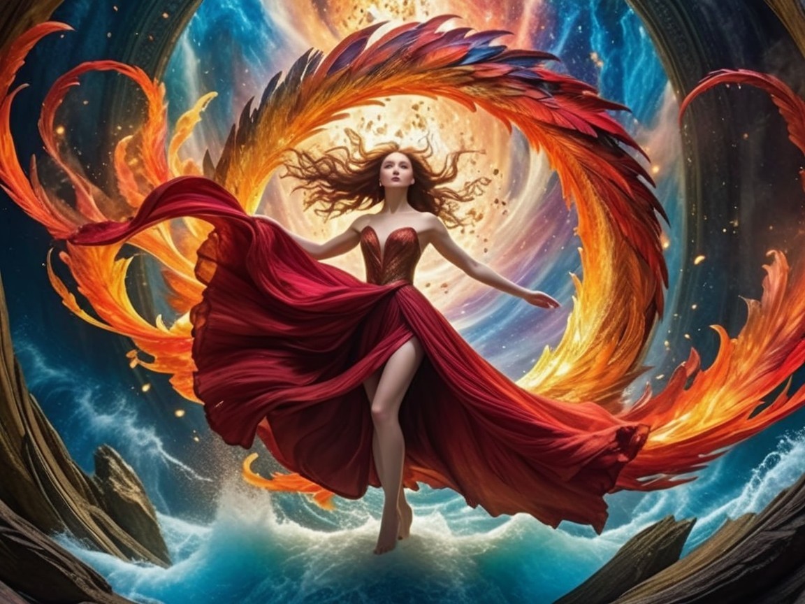 Woman in Red Dress Surrounded by Vibrant Flames