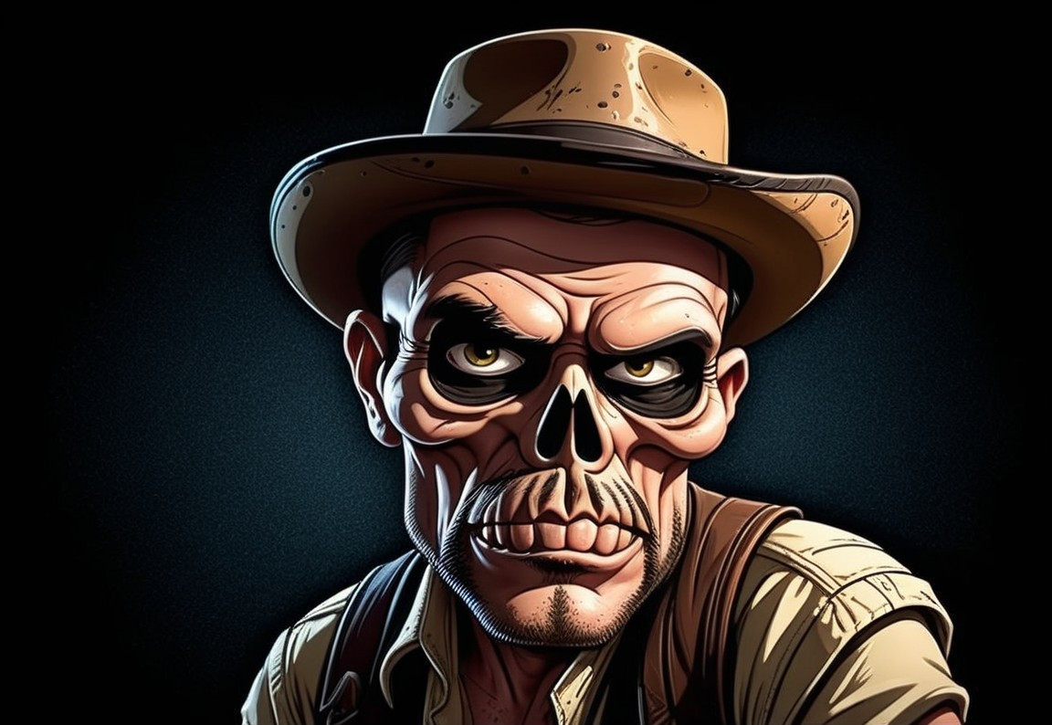 Cartoon Character with Skull Face and Rugged Attire