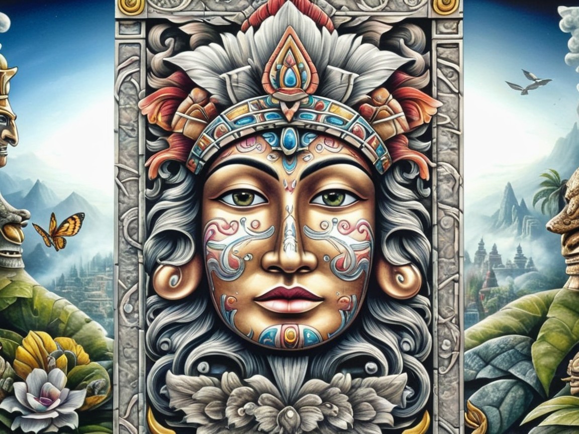 Vibrant Artwork with Serene Face and Nature Elements