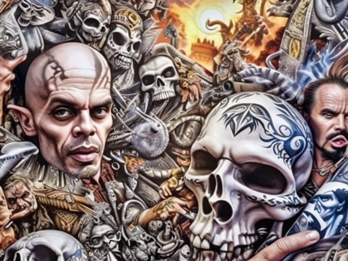 Intricate Artwork with Skulls, Warriors, and Creatures