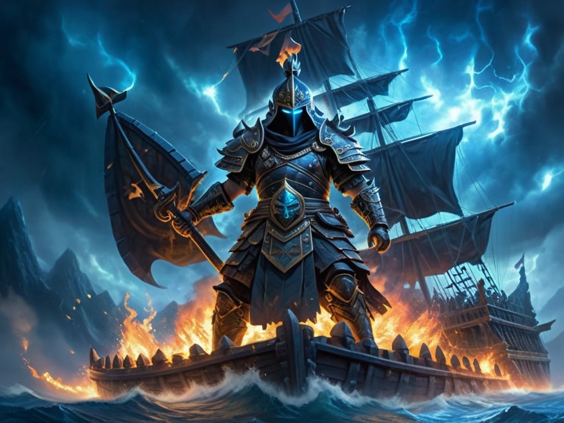 Armored Warrior on Ship Amid Stormy Skies and Flames
