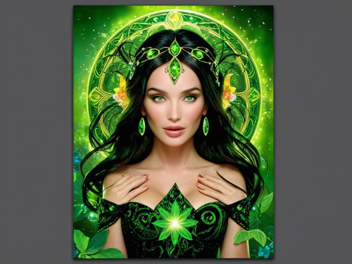 Serene Woman in Green Attire with Floral Elements