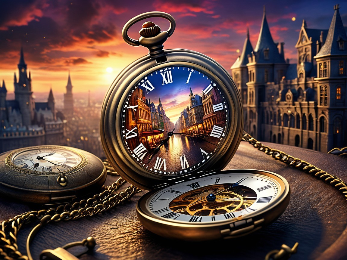 Intricate Pocket Watch with Historic Landscape Design