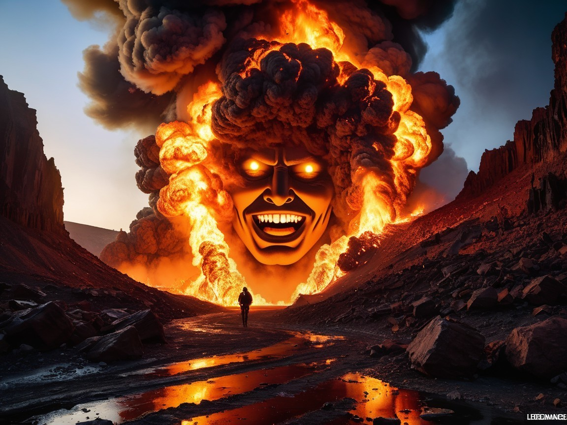 Colossal Fiery Face Erupts from Volcano in Rugged Landscape