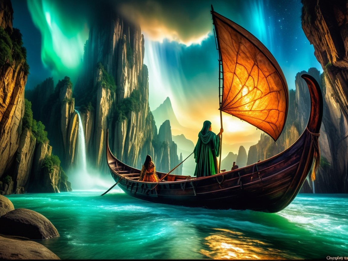 Majestic figure in green cloak on serene river boat