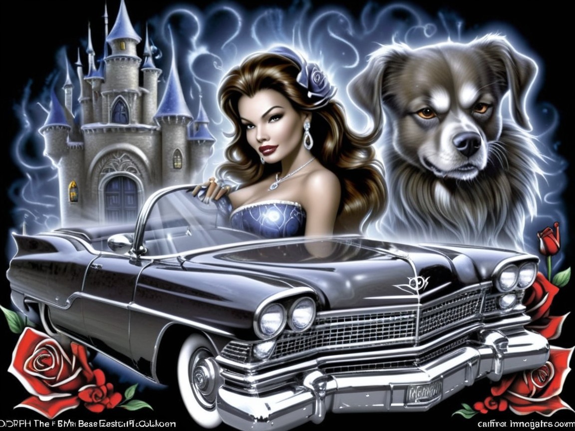 Vintage Car with Woman, Dog, and Castle Background