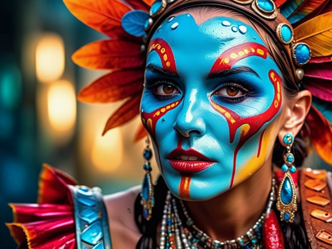Vibrant Portrait of Woman in Colorful Face Paint