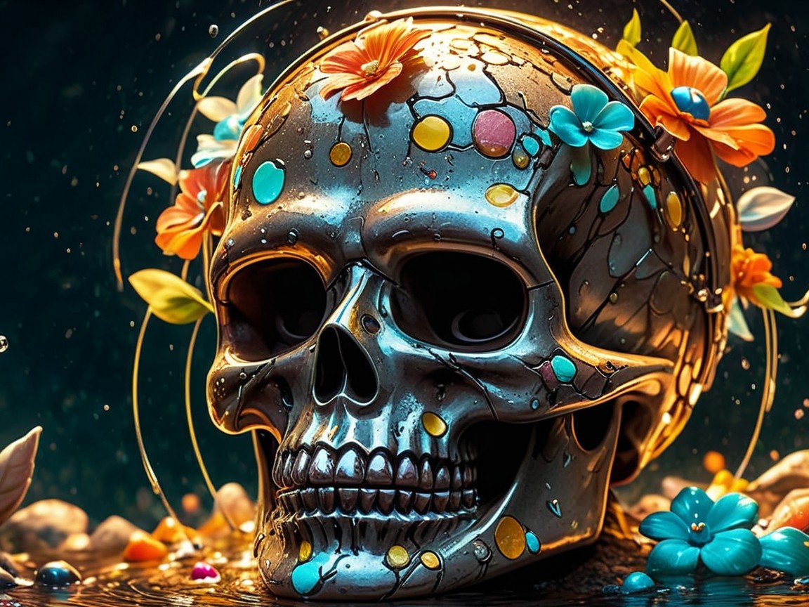Metallic Skull with Flowers in Serene Setting