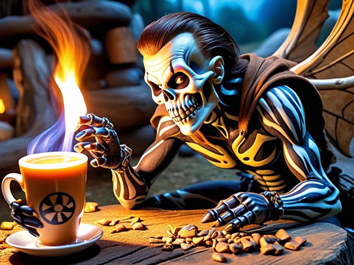 Stylized skeleton figure with coffee in whimsical setting