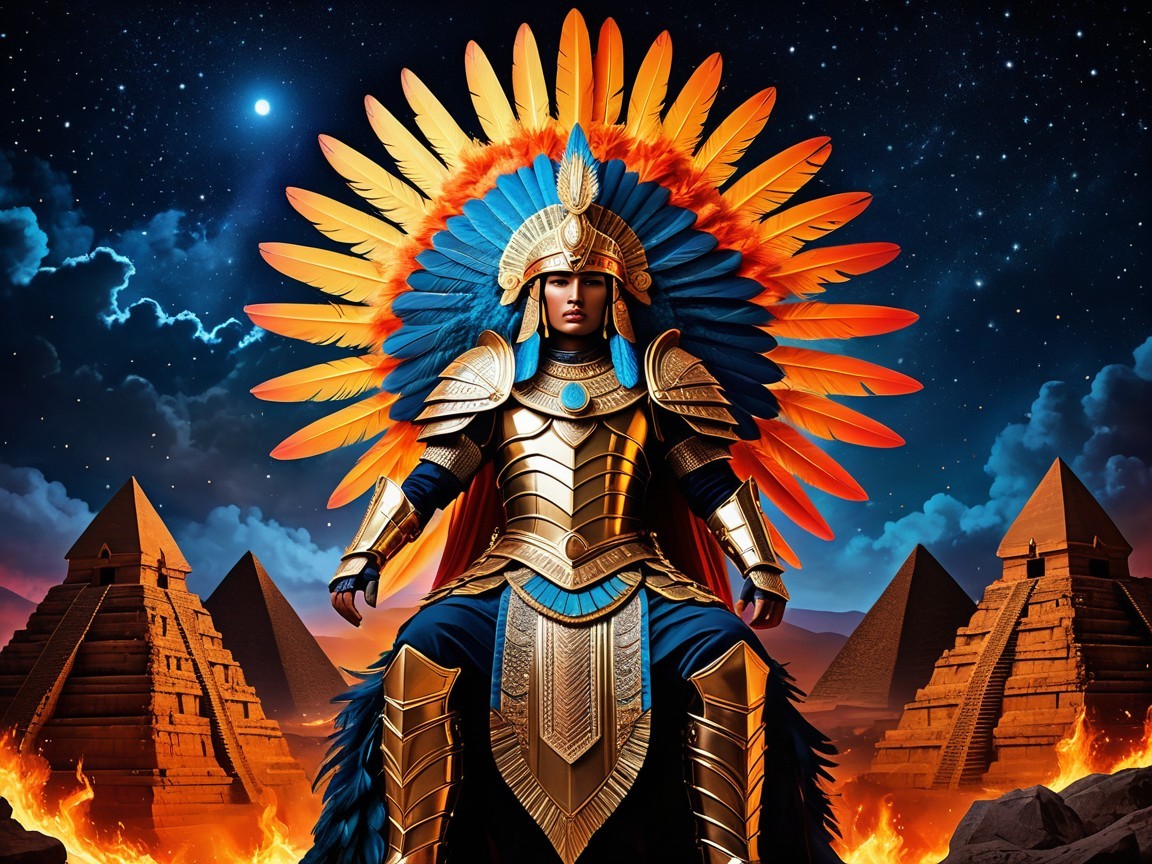 Majestic figure in golden armor with feathered headdress
