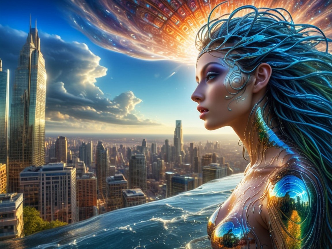 Futuristic cityscape at sunset with ethereal elements