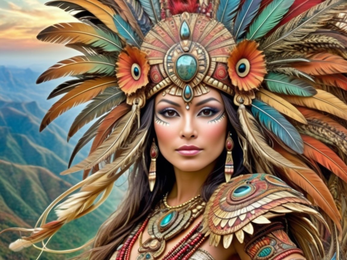 Vibrant Woman in Feathered Headdress and Tribal Jewelry