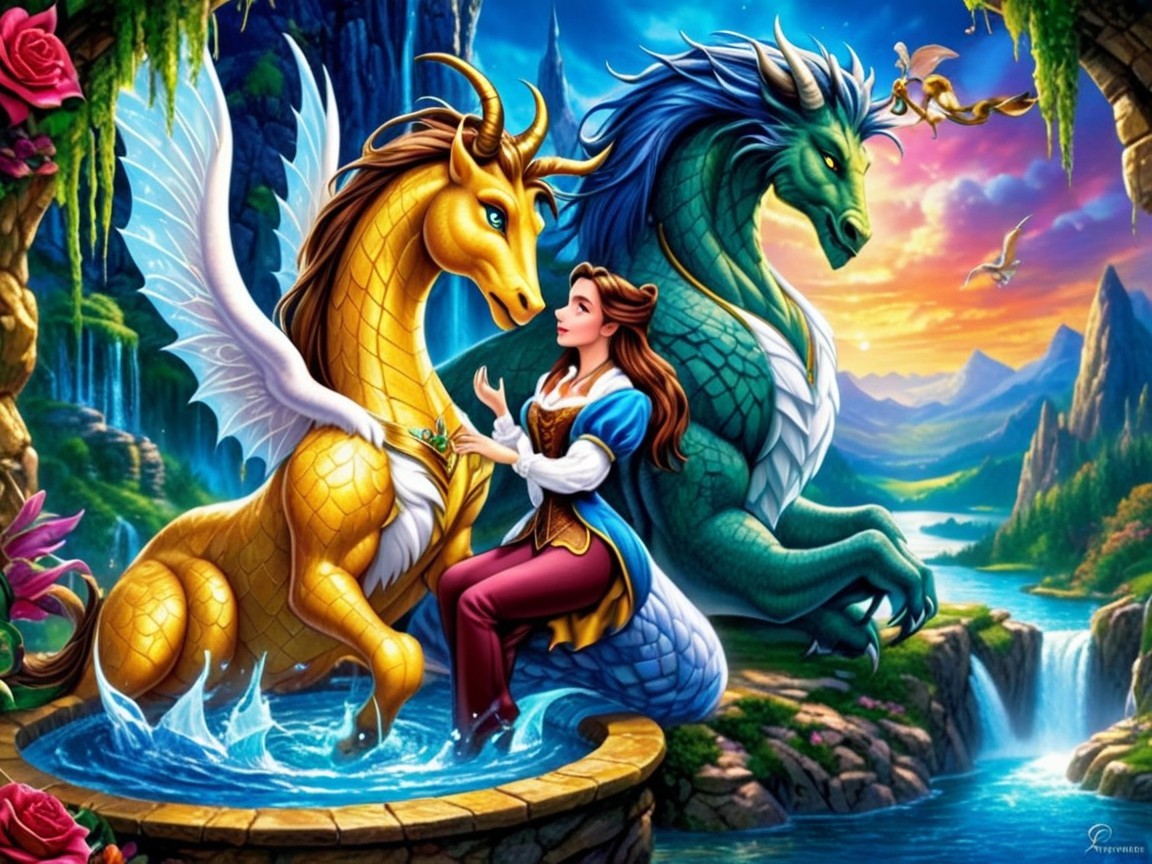 Fantasy Landscape with Dragons and a Young Woman