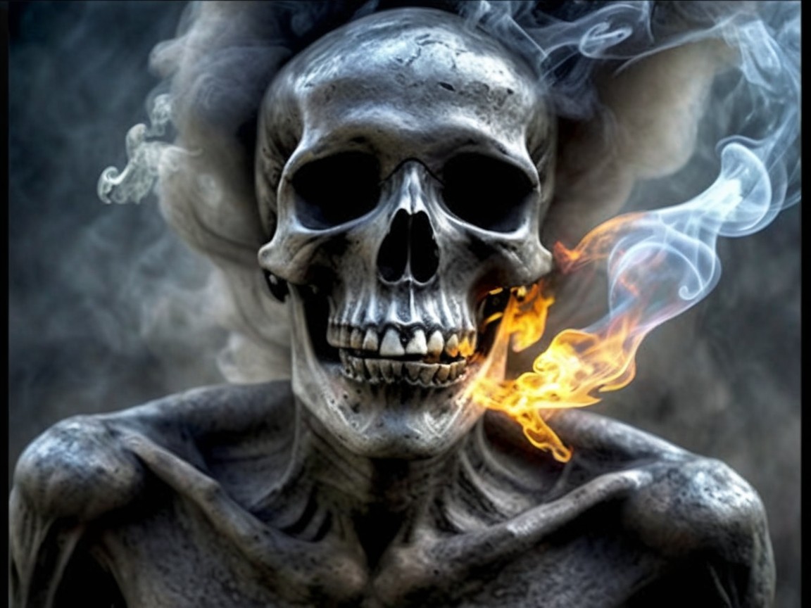 Skeletal Figure Surrounded by Smoke and Flames