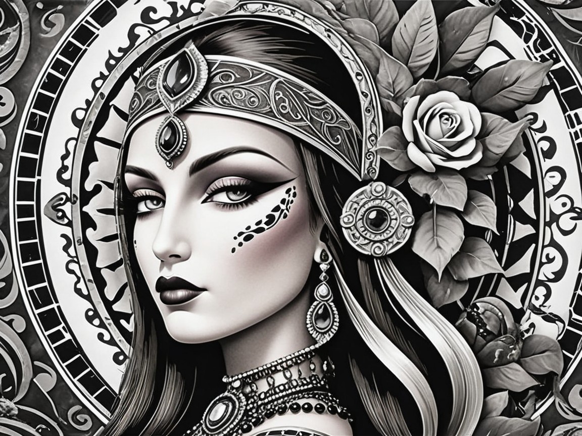 Black and white portrait of a woman with jewelry and headpiece