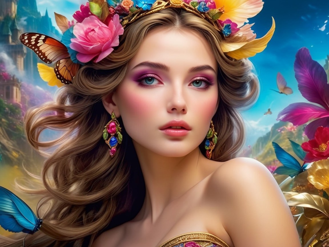 Young woman with floral hair in a vibrant landscape