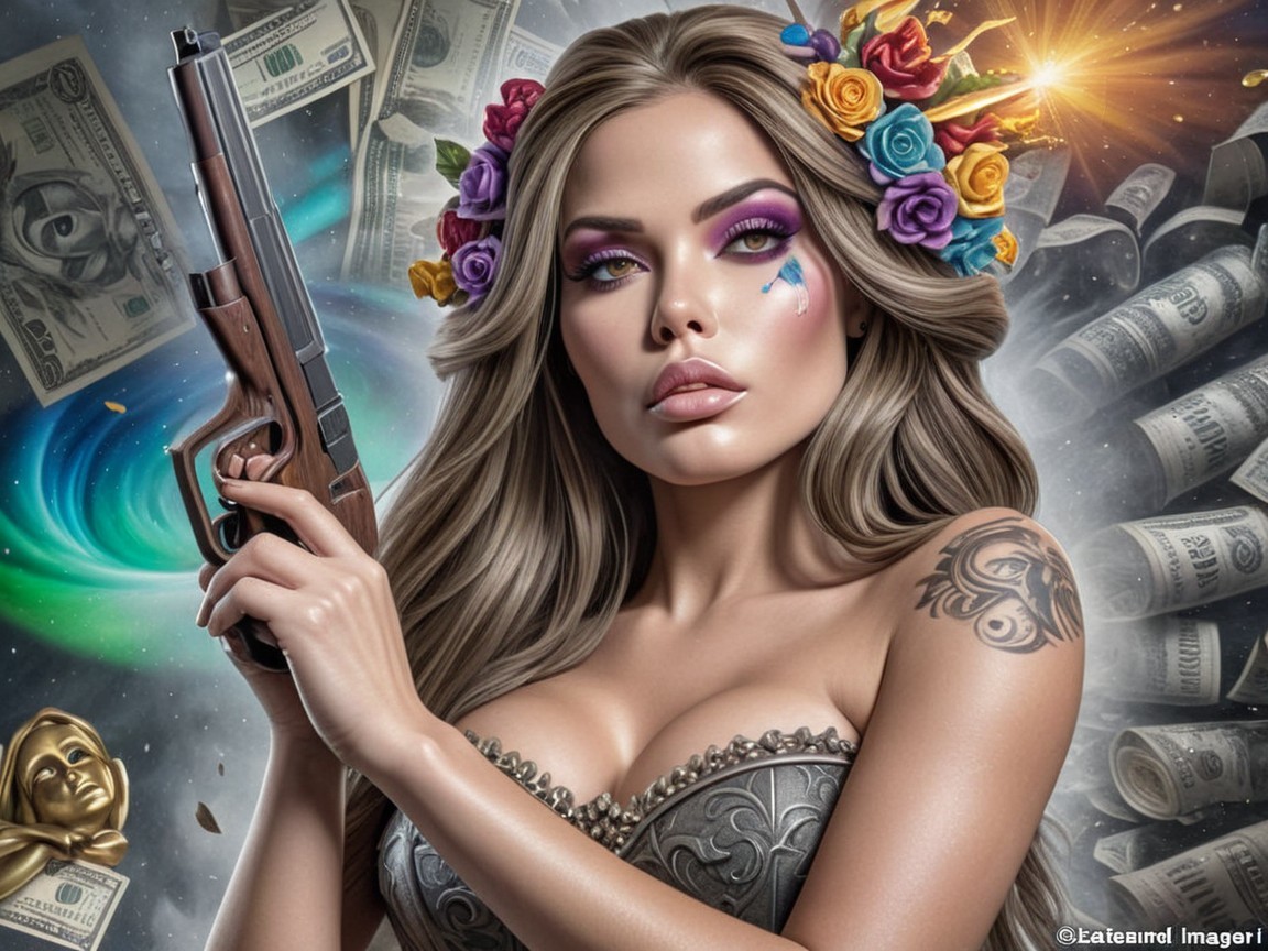 Lavender-Haired Woman with Pistol in Vibrant Setting