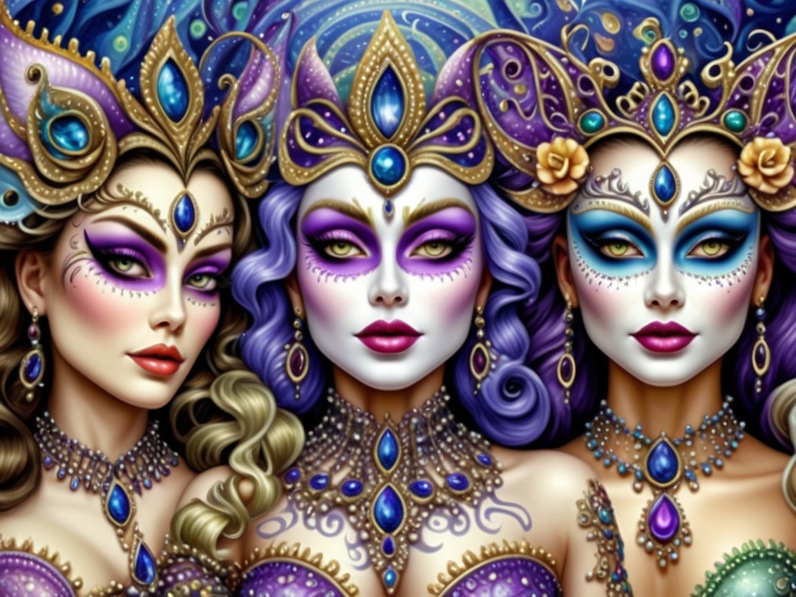 Elegant Women in Unique Makeup and Ornate Gowns